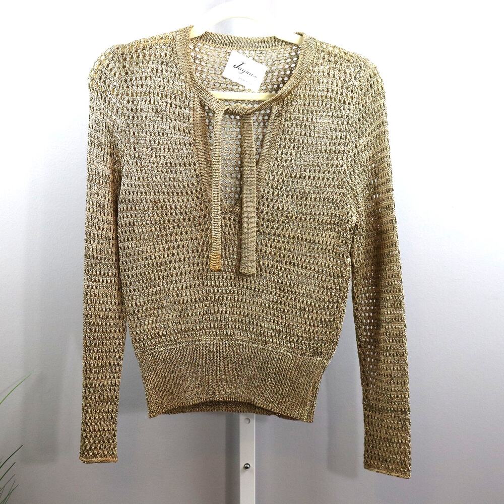 Vintage Jayna New York Metallic Knit Top‎ Tie Neck Gold Sheer Sz XS